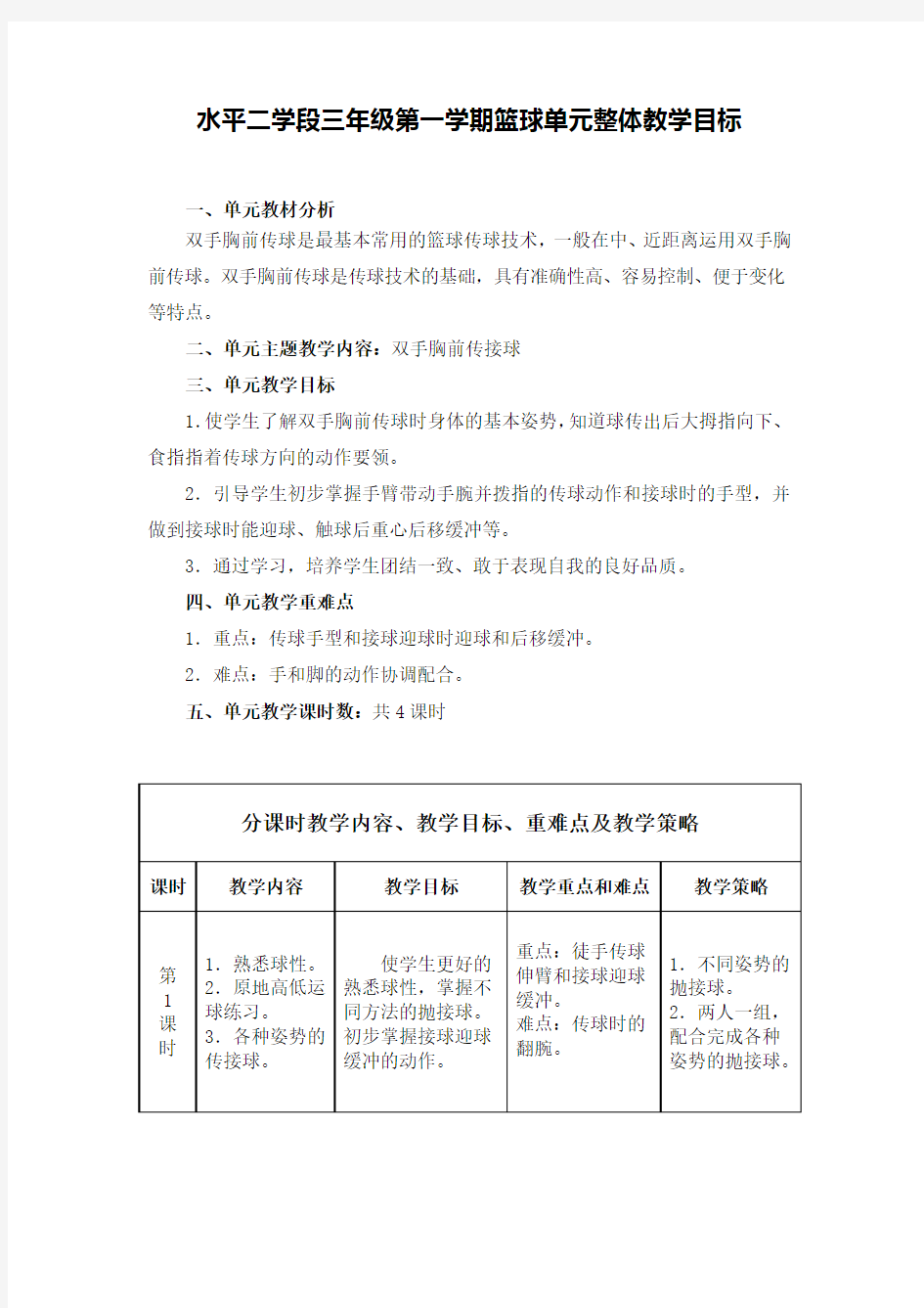 篮球单元教学目标设计