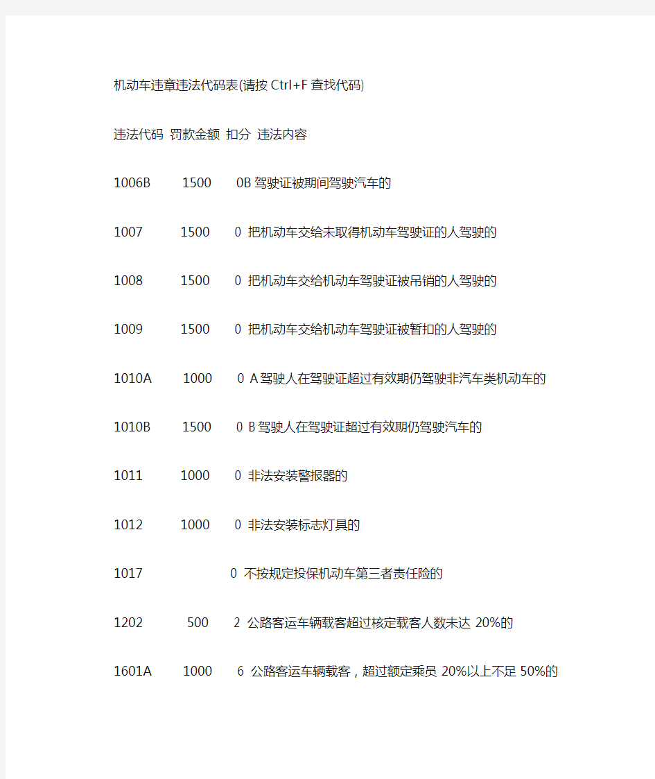 交通违章违法代码罚款金额对照表要点