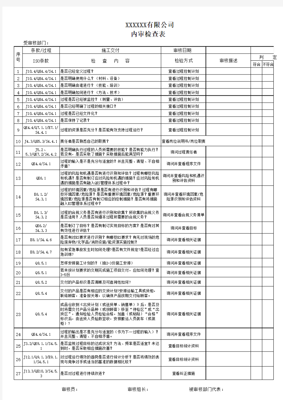 2017年最新建筑工程GBT50430 质量环境职业健康安全管理体系综合内审检查表