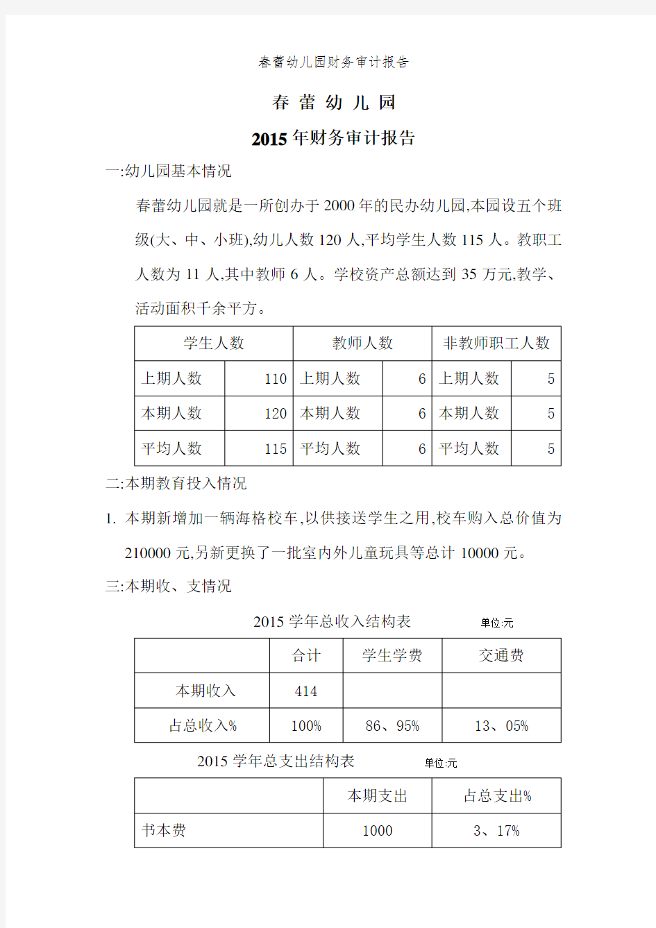 春蕾幼儿园财务审计报告