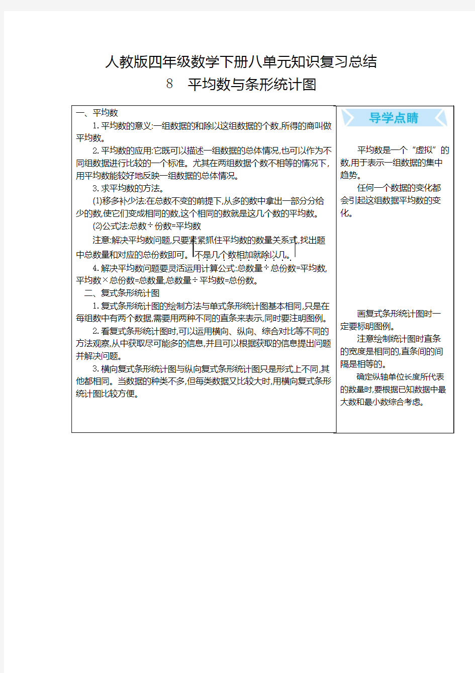 【2020人教版四下数学】全册八单元8平均数与条形统计图 知识点复习总结