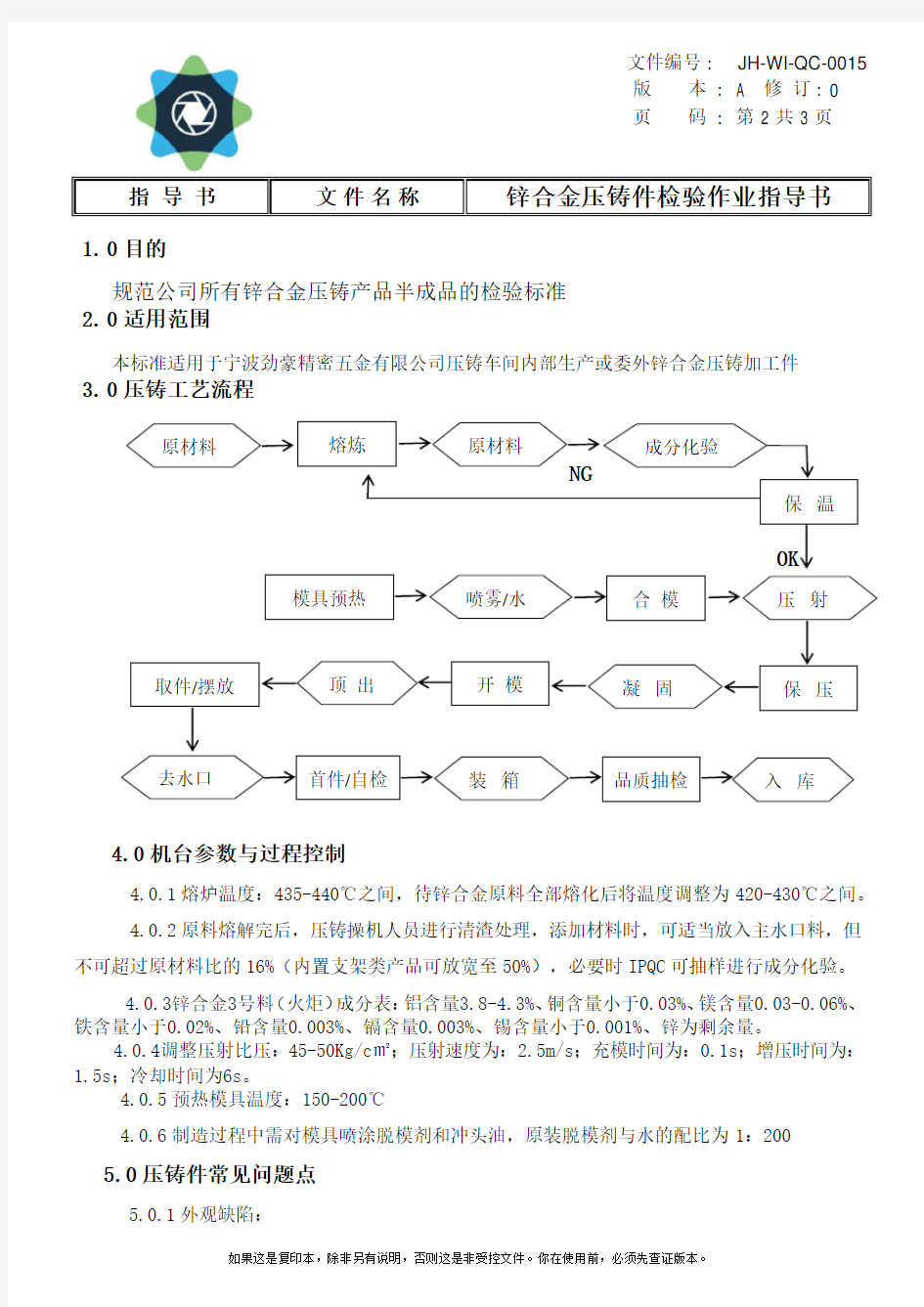 锌合金压铸件检验作业指导书 JH-WI-QC-0015