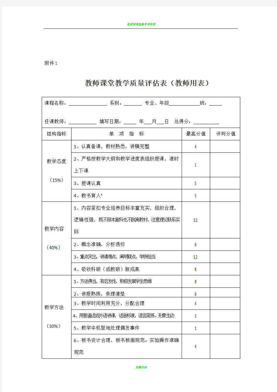 教师课堂教学质量评估表(教师用表)