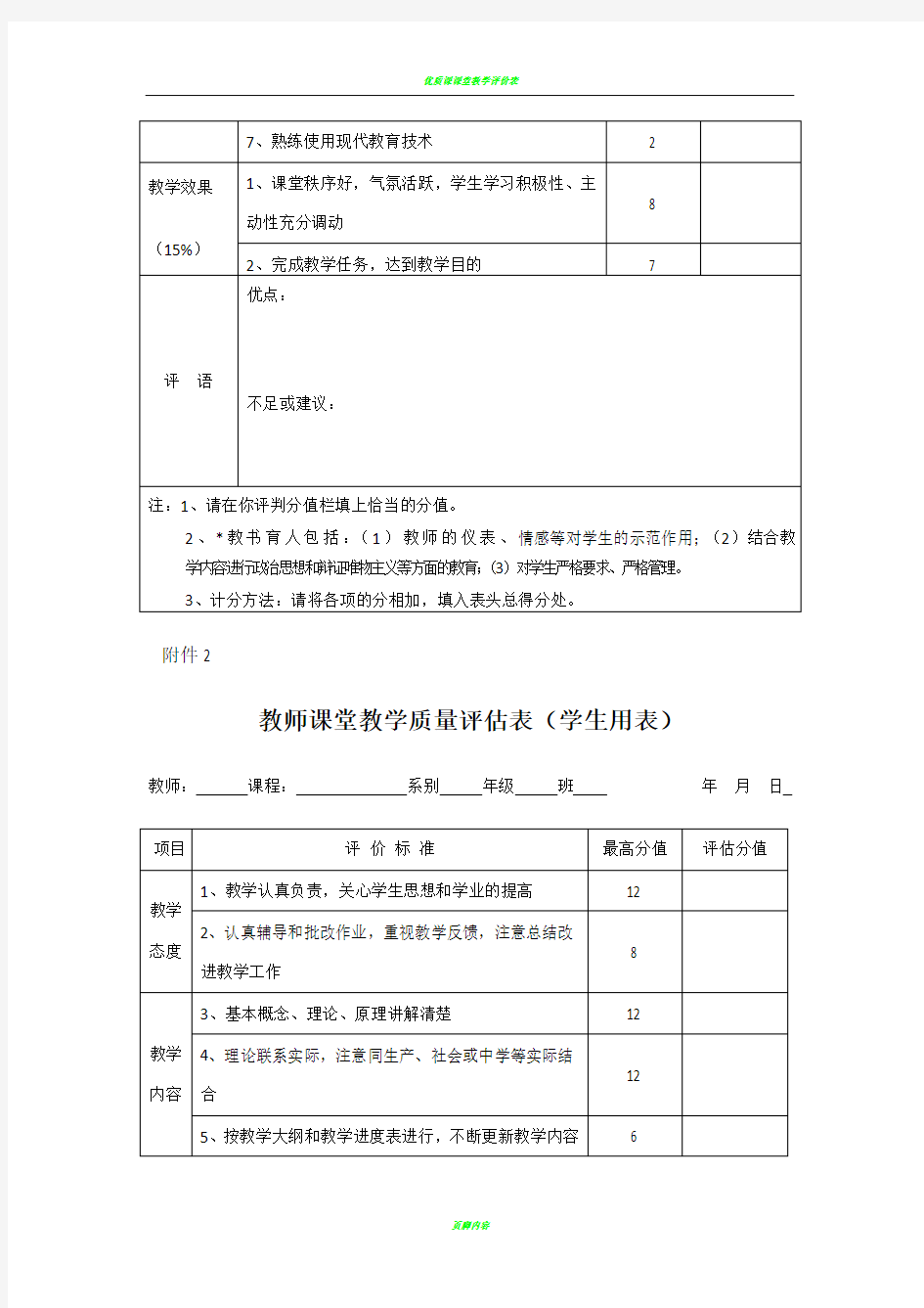 教师课堂教学质量评估表(教师用表)