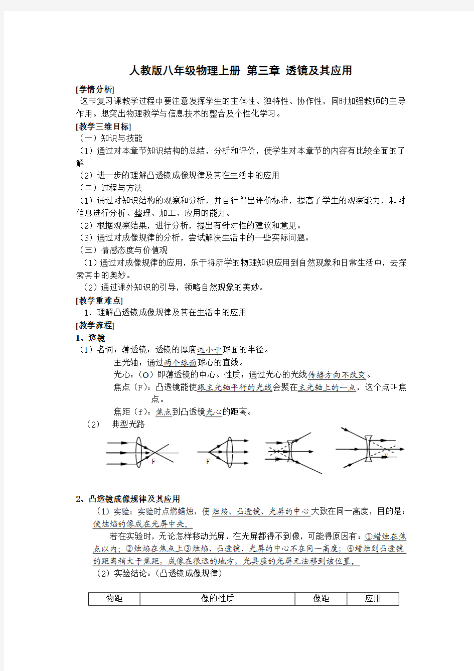 人教版八年级物理-透镜及其应用-复习教案