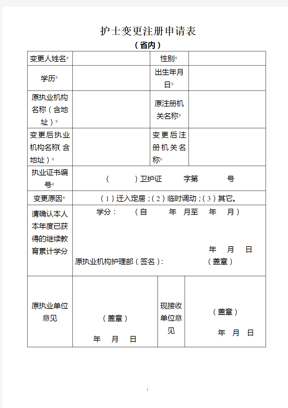 护士变更注册申请表-免费下载