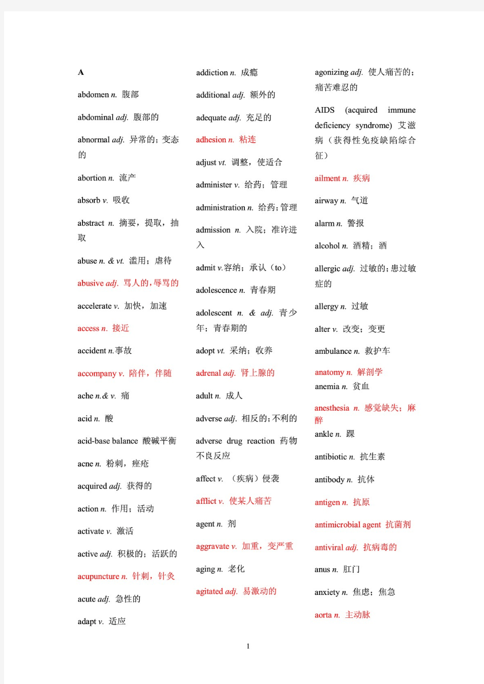 二级医护英语单词