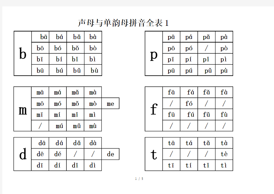 声母和单韵母拼音全表