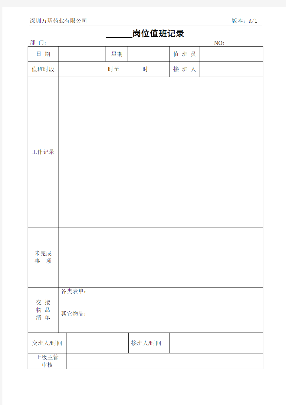 保安岗位值班记录填写范文