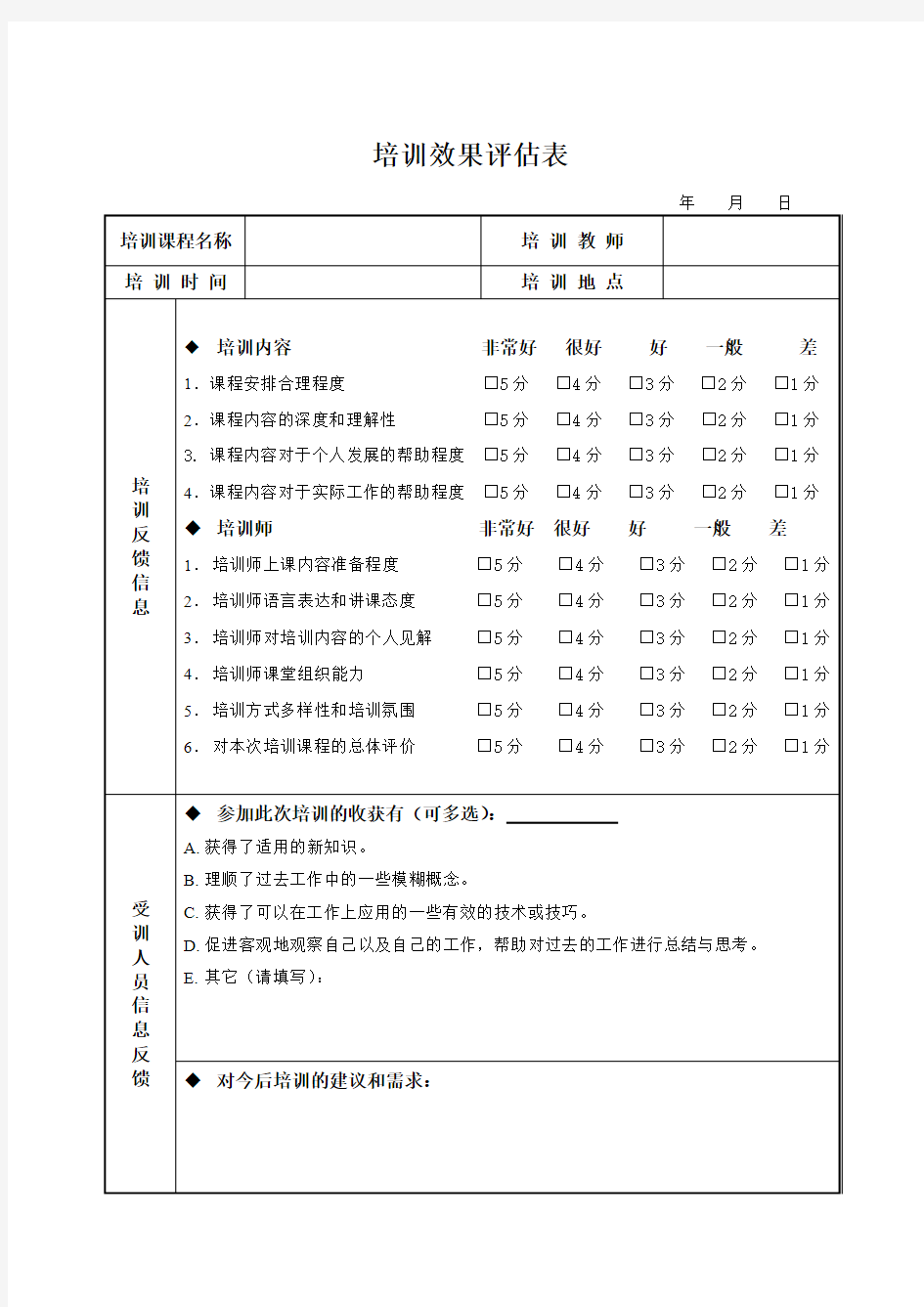 员工培训效果评估表