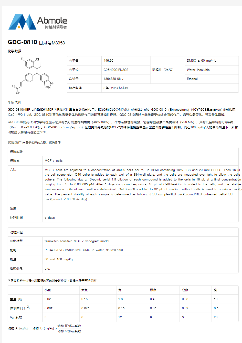 GDC-0810_Brilanestrant_ARN-810_Estrogen Receptor_CAS号1365888-06-7说明书_AbMole中国