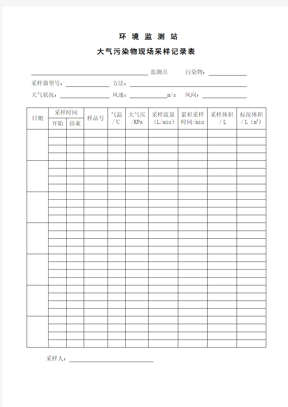 环境监测现场采样记录表