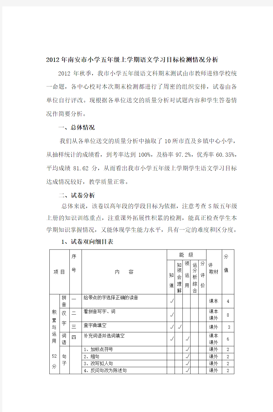 2012年南安市小学五年级上学期语文学习目标