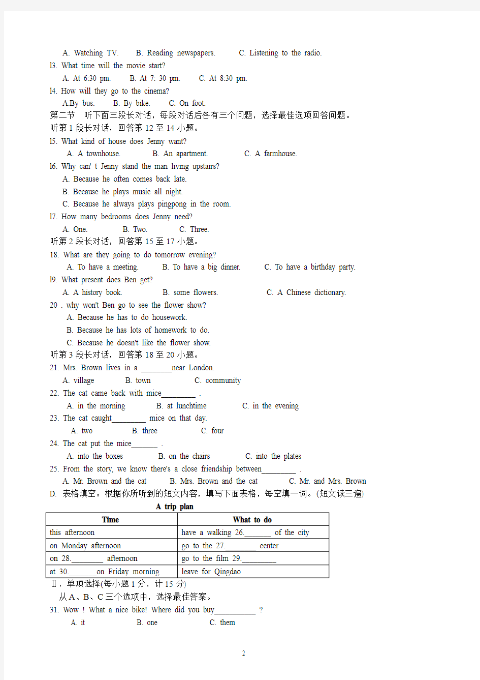 2015年初中毕业班英语科质量检测附答案