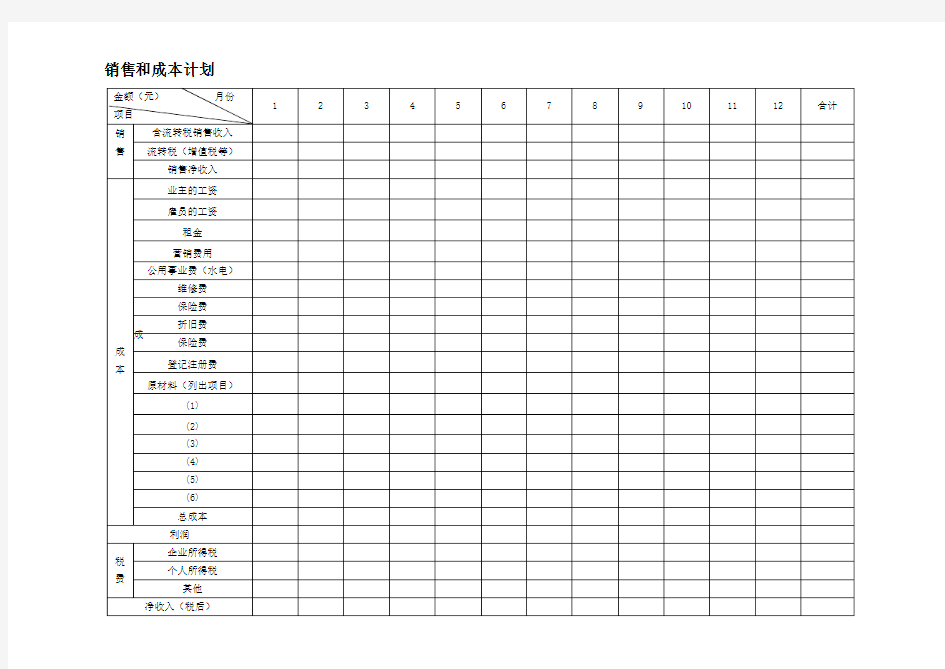 销售收入预测(12个月)、销售和成本计划、现金流量计划模板