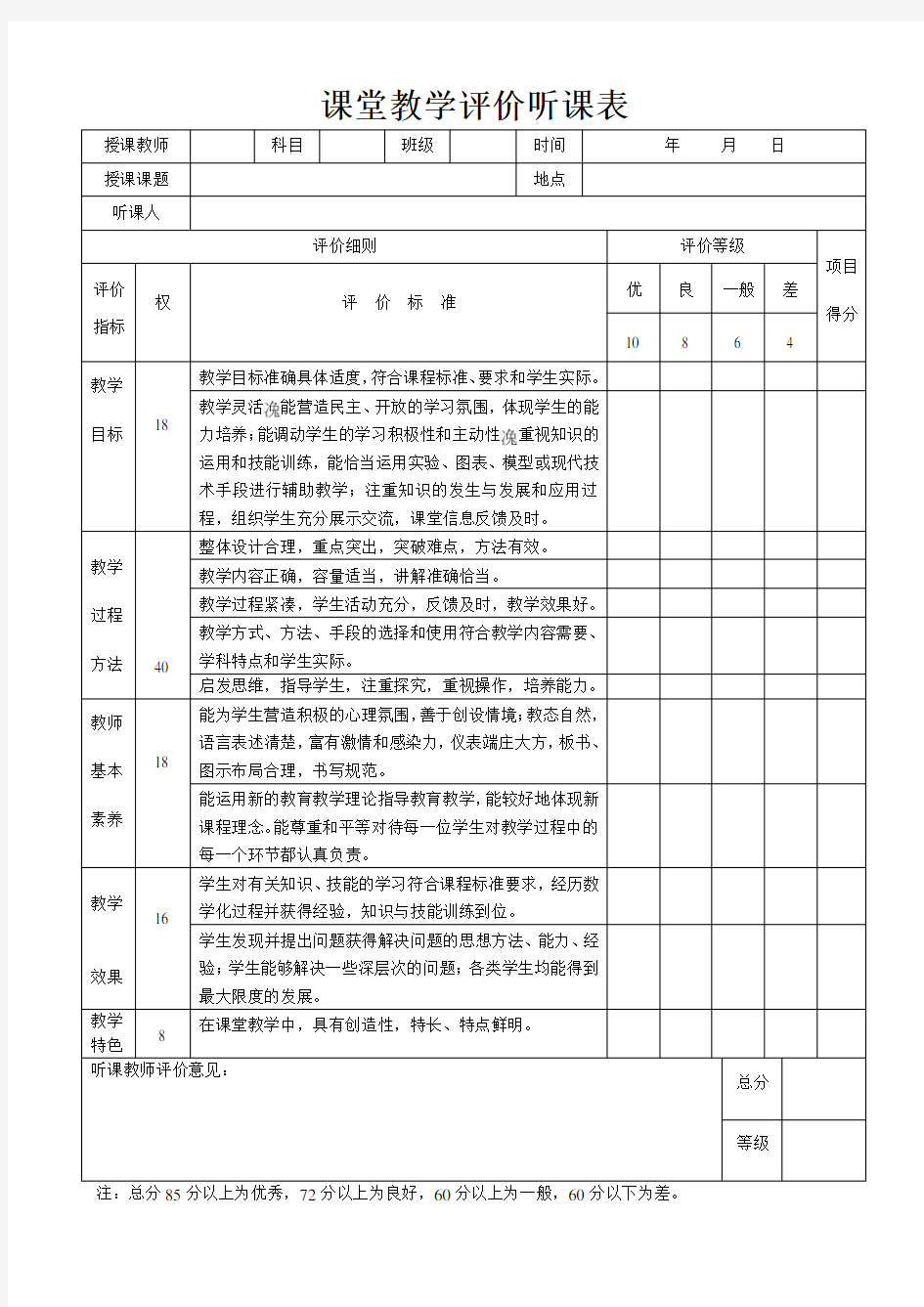 课堂教学评价听课表