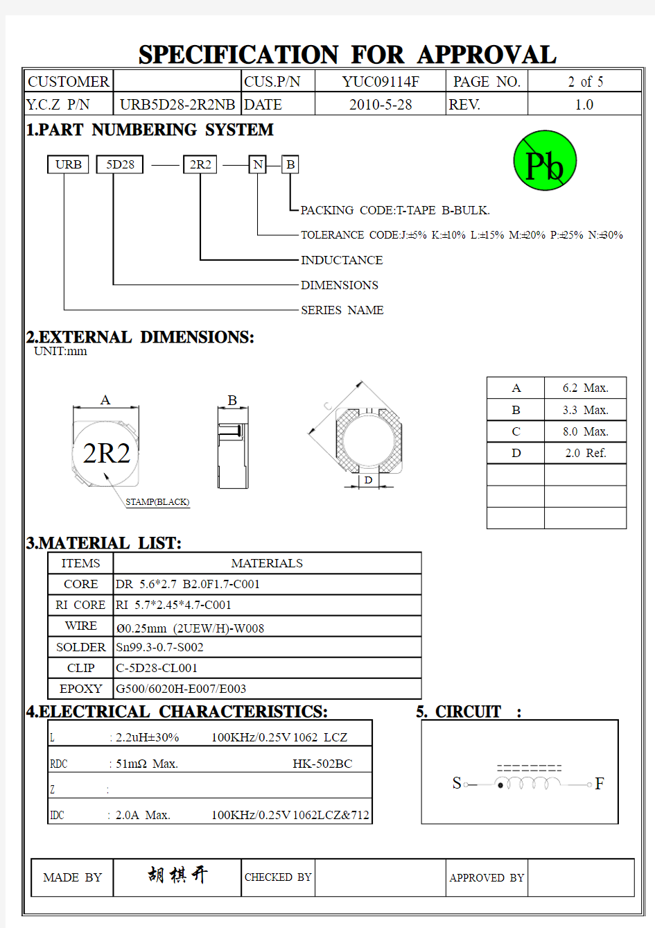 功率电感规格书URB5D28-2R2NB-016