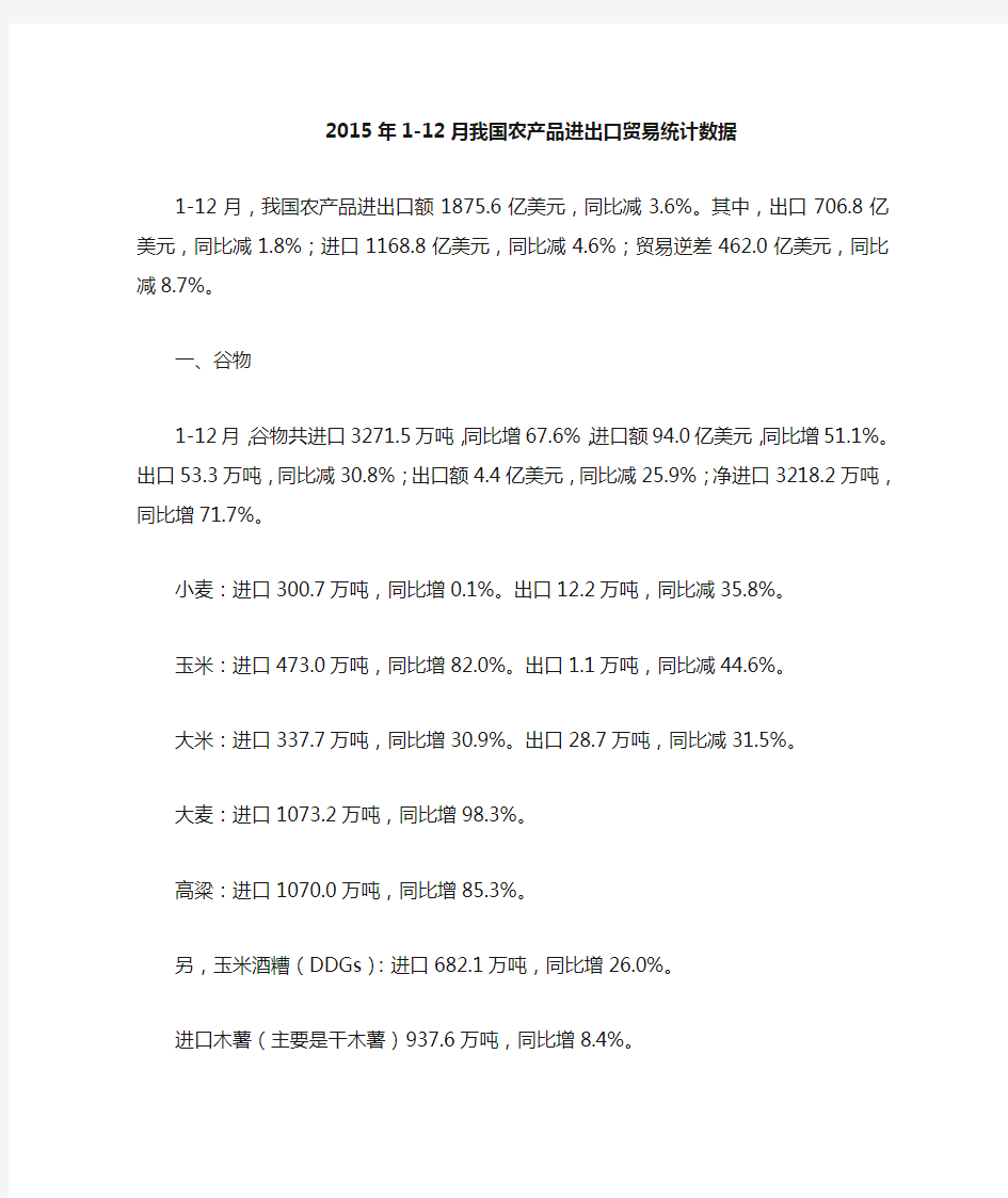 2015年中国农产品进出口贸易统计数据