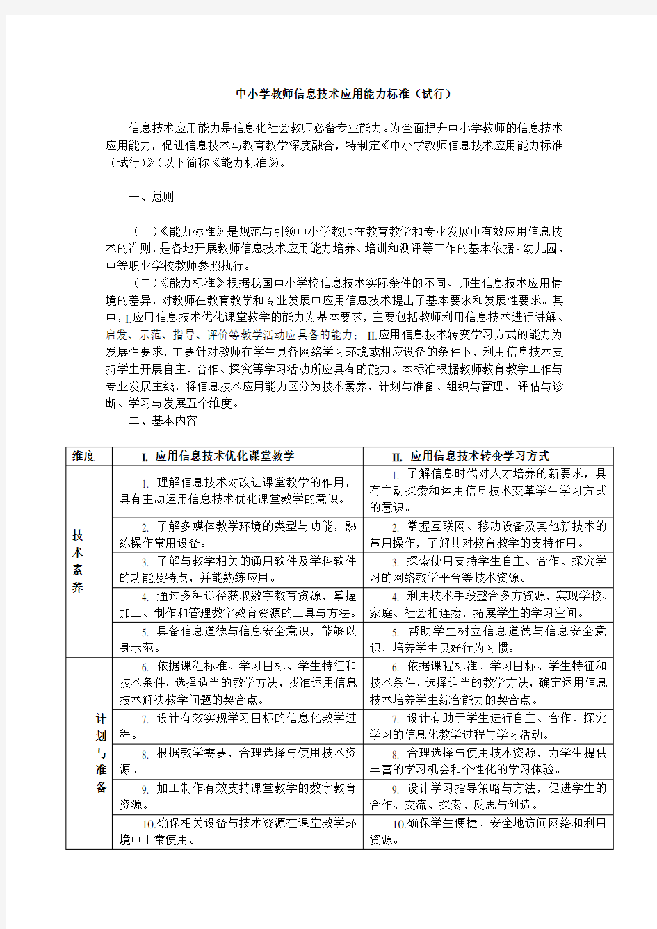 中小学教师信息技术应用能力标准