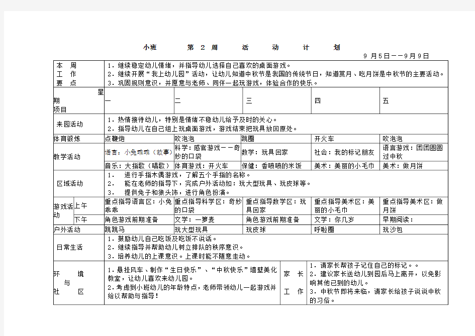 幼儿园小班周活动计划表