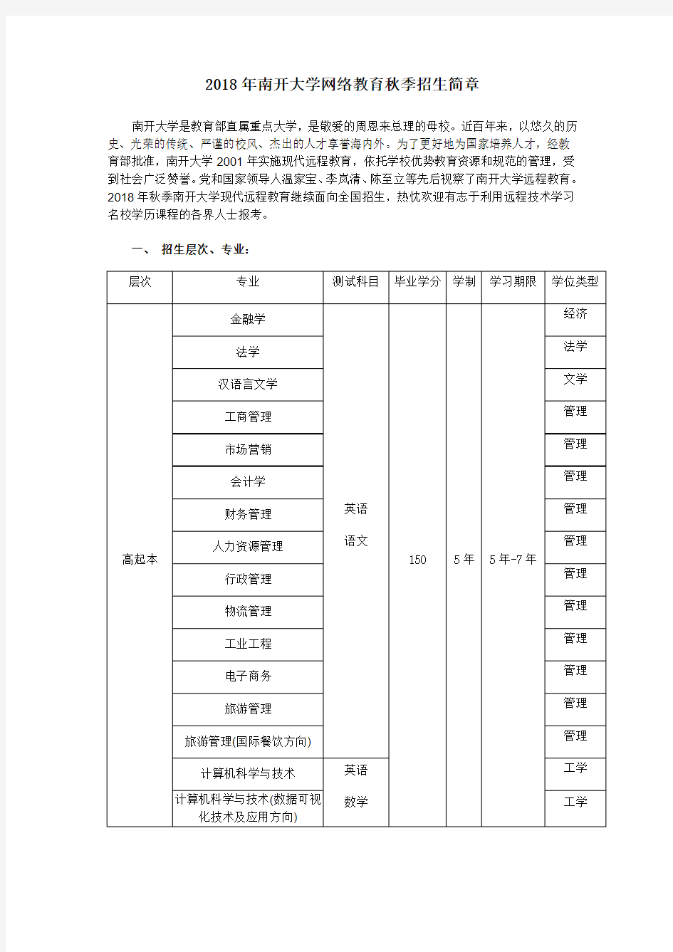 2018年南开大学网络教育秋季招生简章