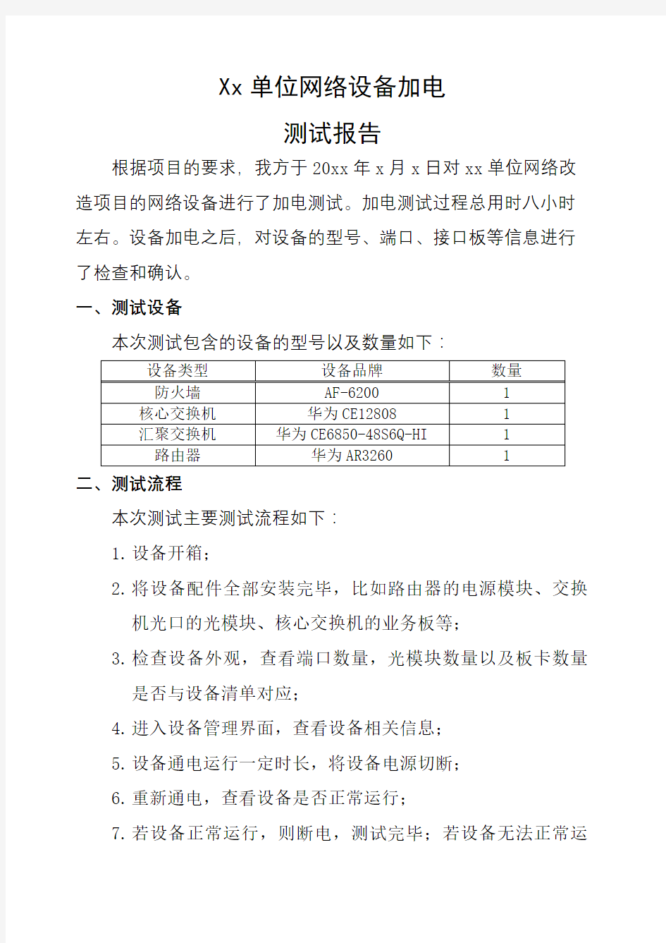 网络设备加电测试报告