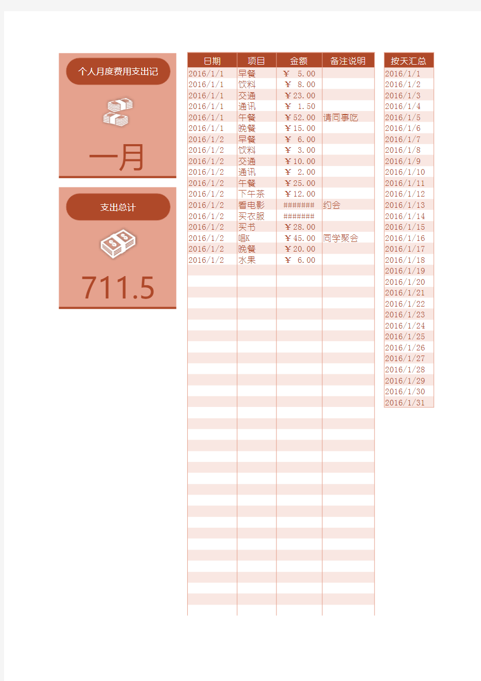 Excel表格通用模板：个人月度费用支出记账