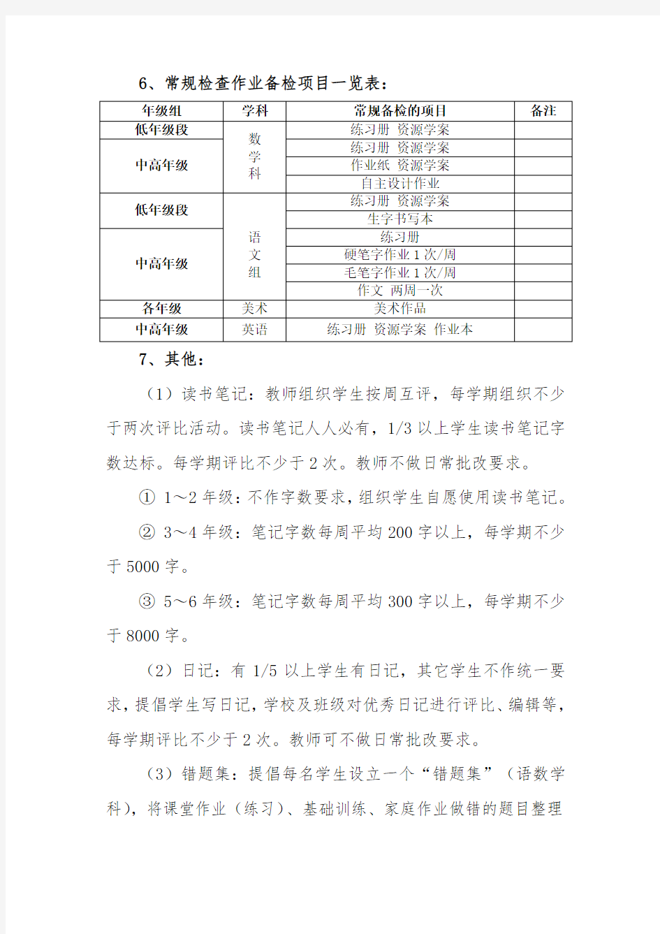 小学  作业布置及批改要求