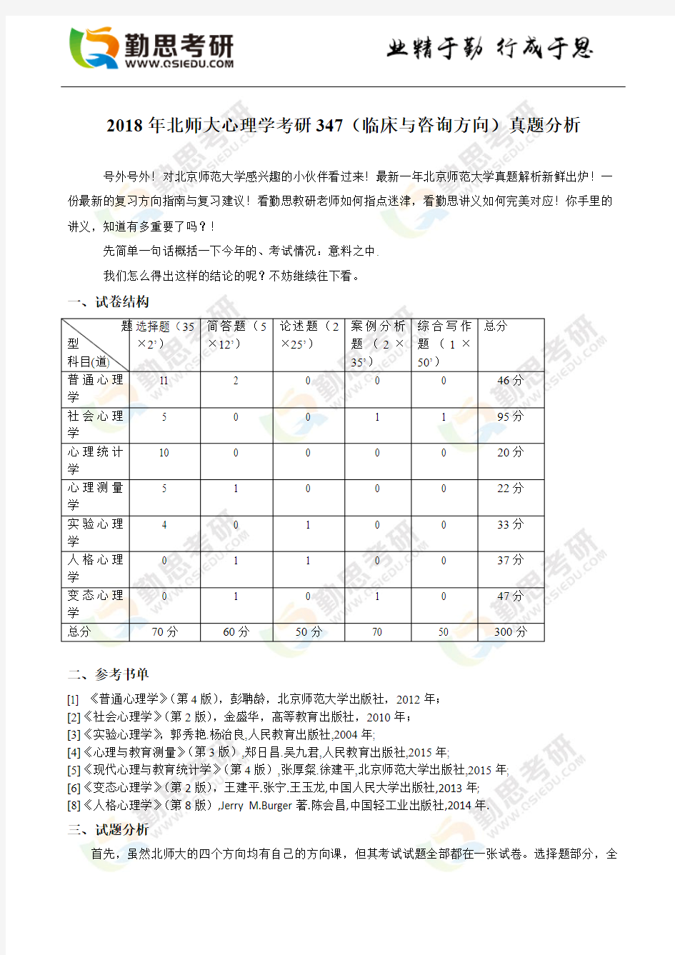 2018年北师大心理学考研347(临床与咨询方向)真题分析