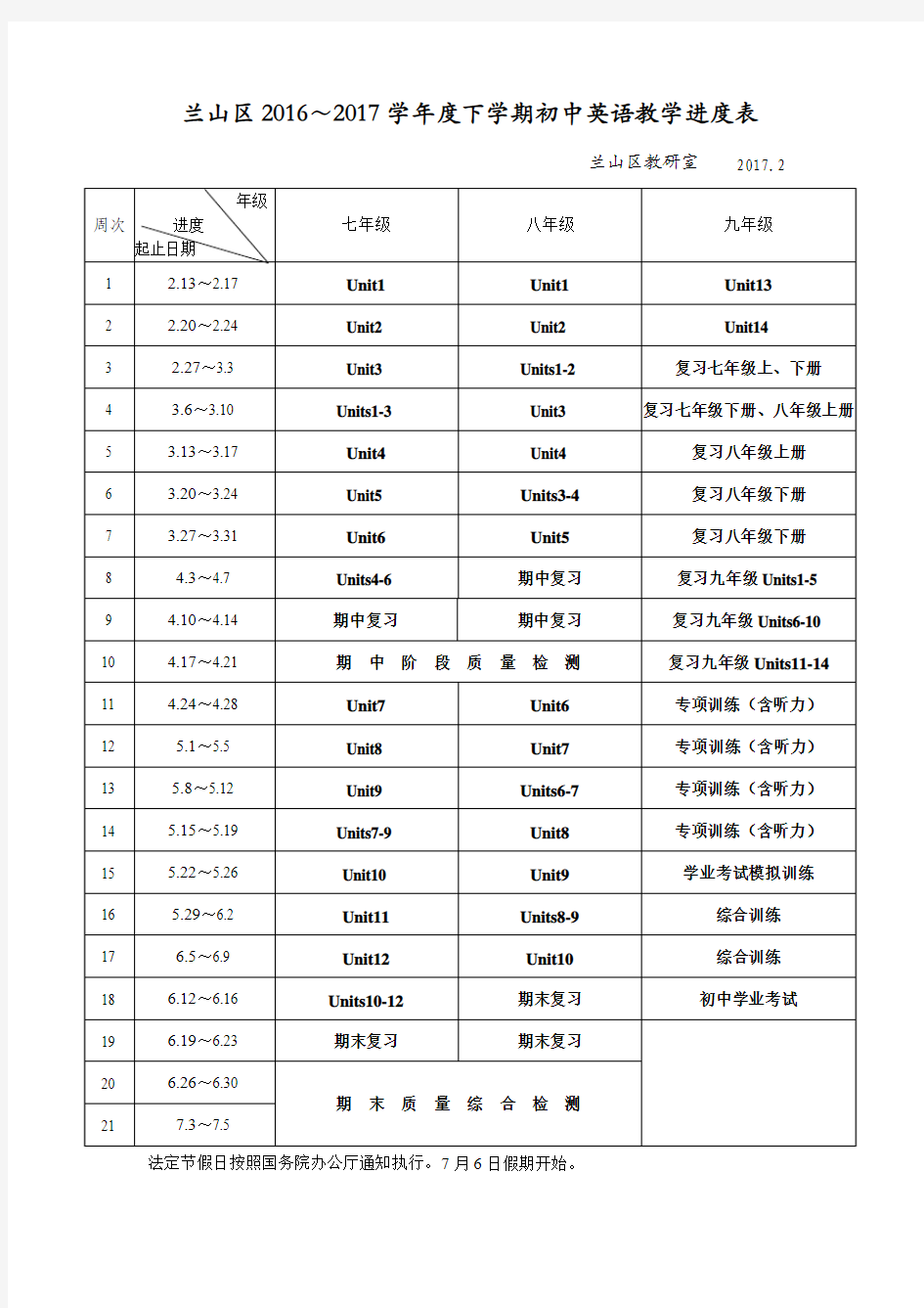 英语2017上半年初中教学进度表