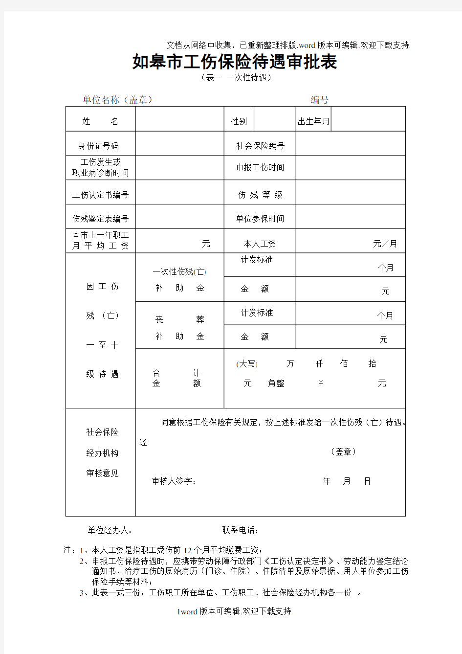 如皋市工伤保险待遇审批表