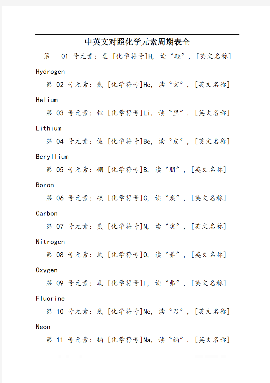 中英文对照化学元素周期表全