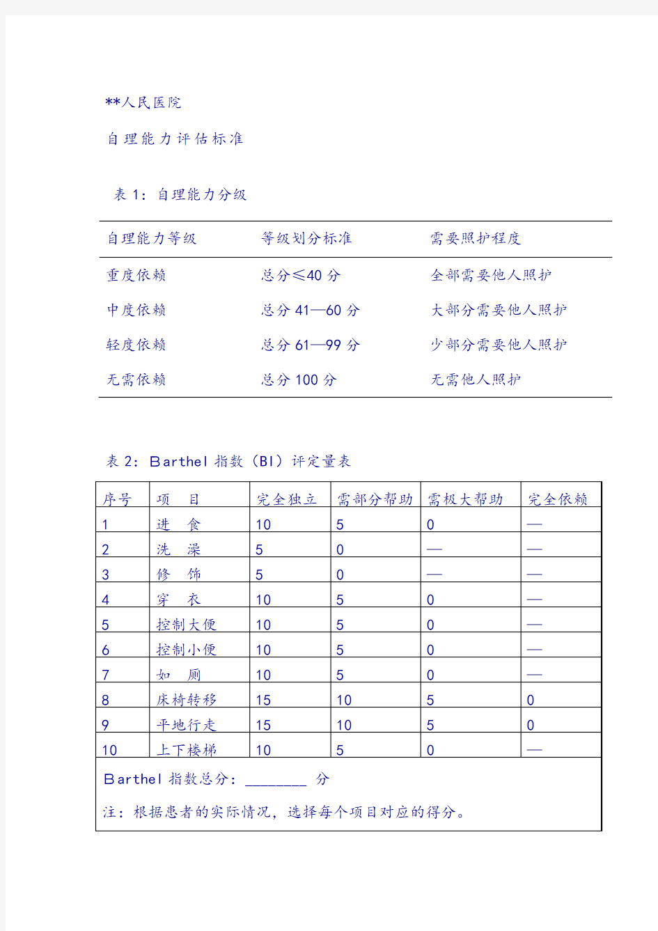 自理能力评估标准