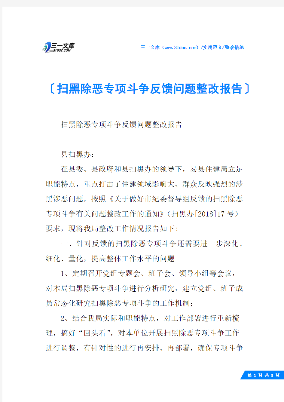 (√)扫黑除恶专项斗争反馈问题整改报告