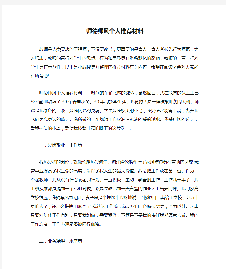 师德师风个人推荐材料