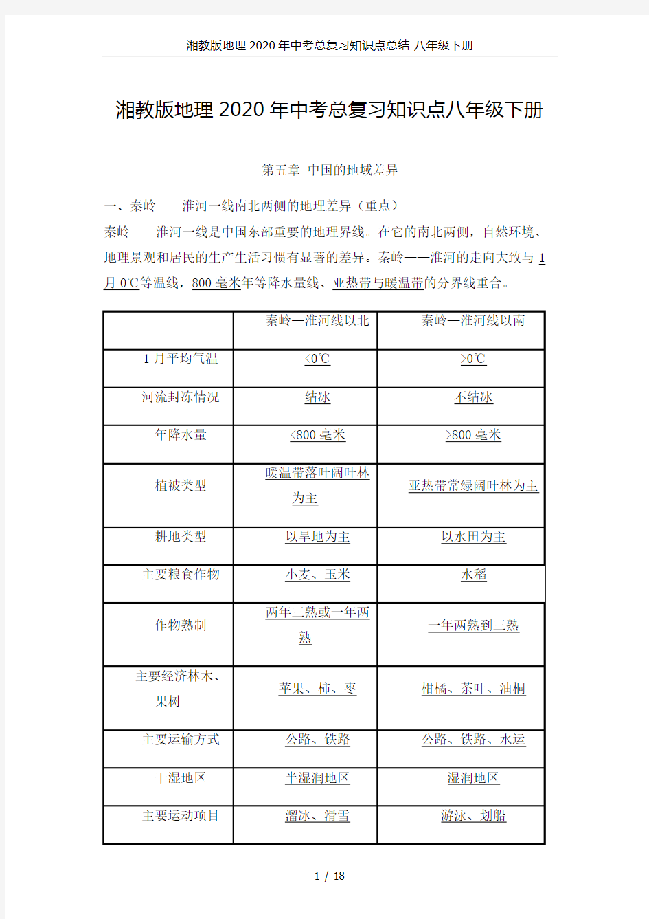 湘教版地理2020年中考总复习知识点总结 八年级下册