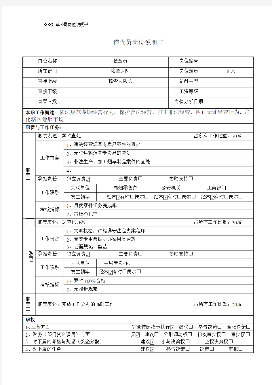 稽查员岗位说明书范例