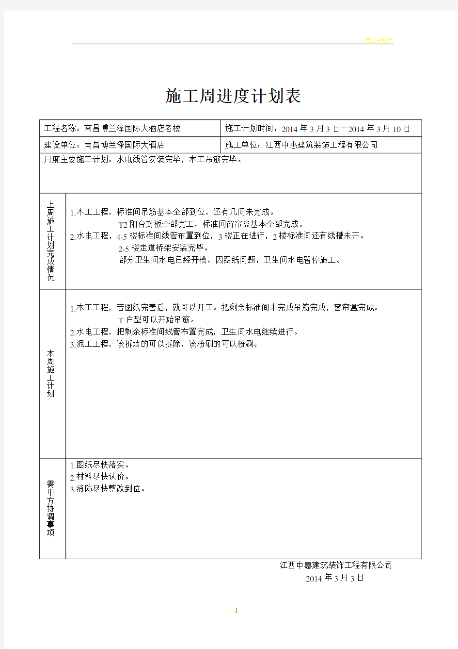 施工周进度计划表