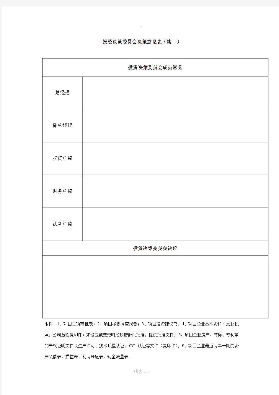 投资决策委员会决策意见表