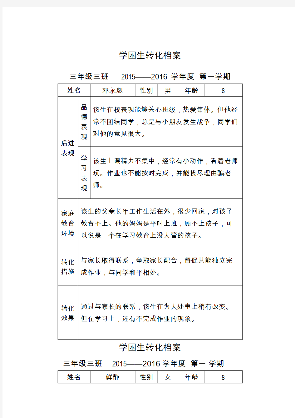 学困生转化档案