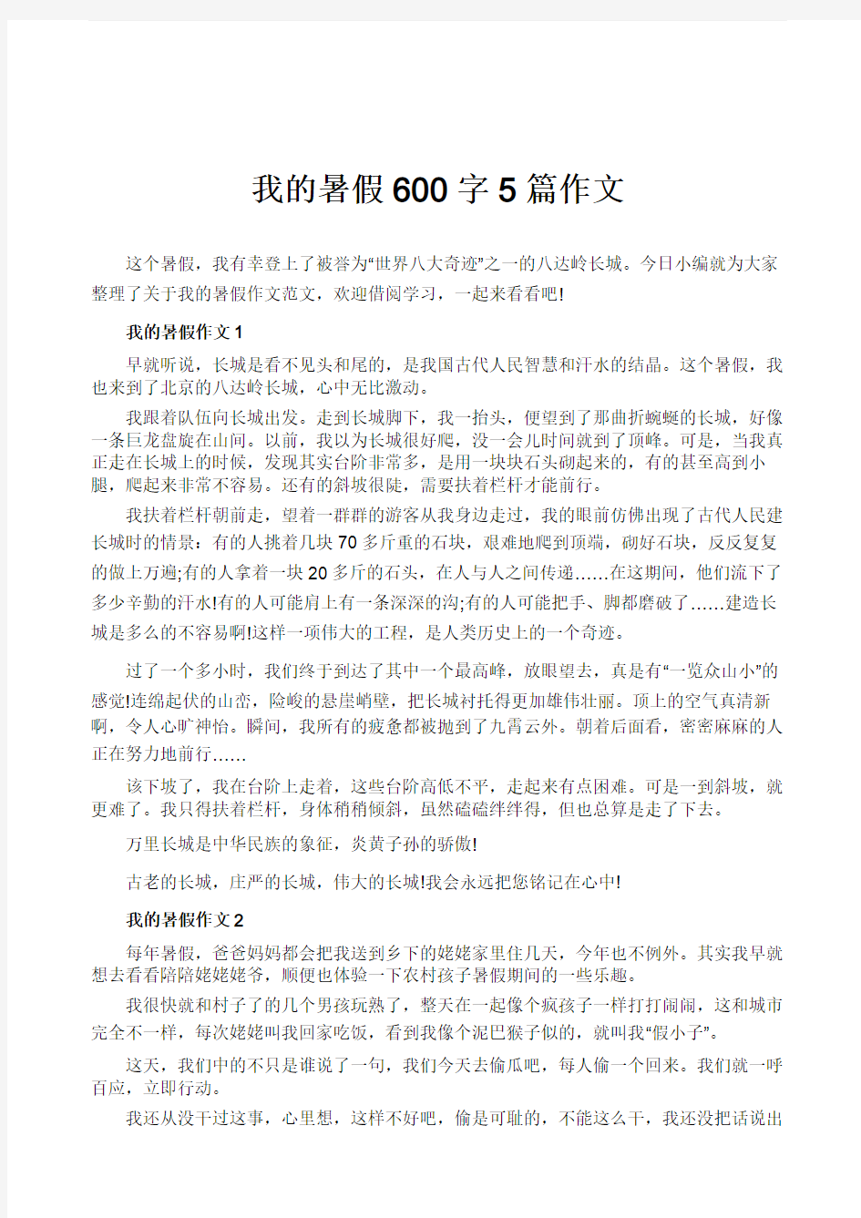 我的暑假600字5篇作文