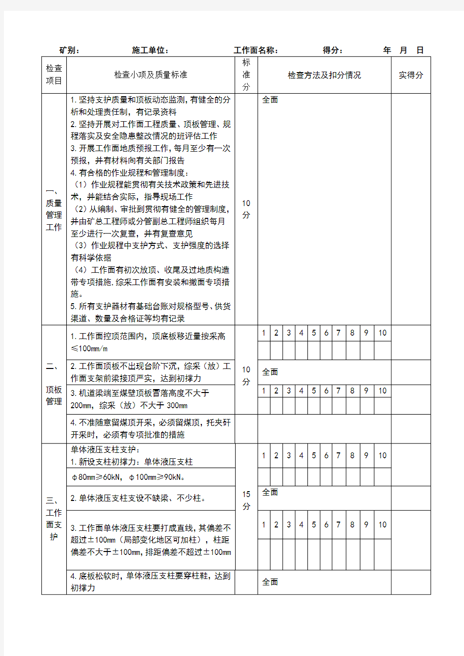 采煤专业质量标准化检查表