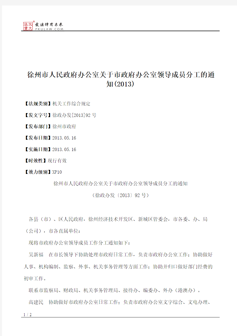 徐州市人民政府办公室关于市政府办公室领导成员分工的通知(2013)