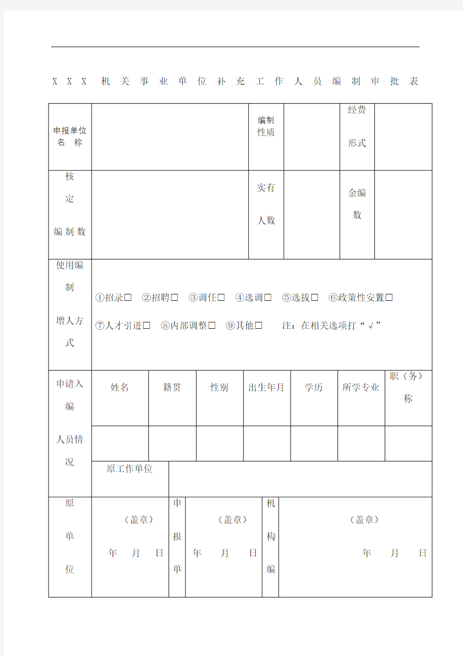 机关事业单位人员编制审批表精编WORD版