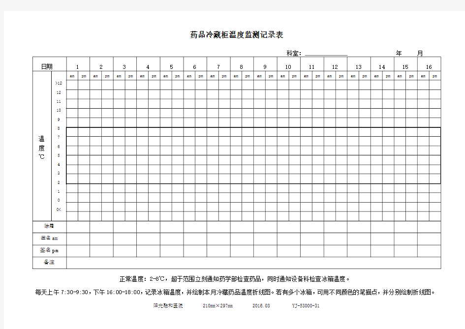 药品冷藏柜温度监测记录表