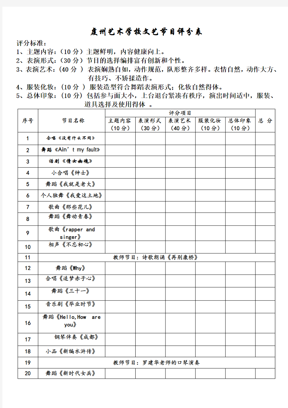 文艺节目表演评分表