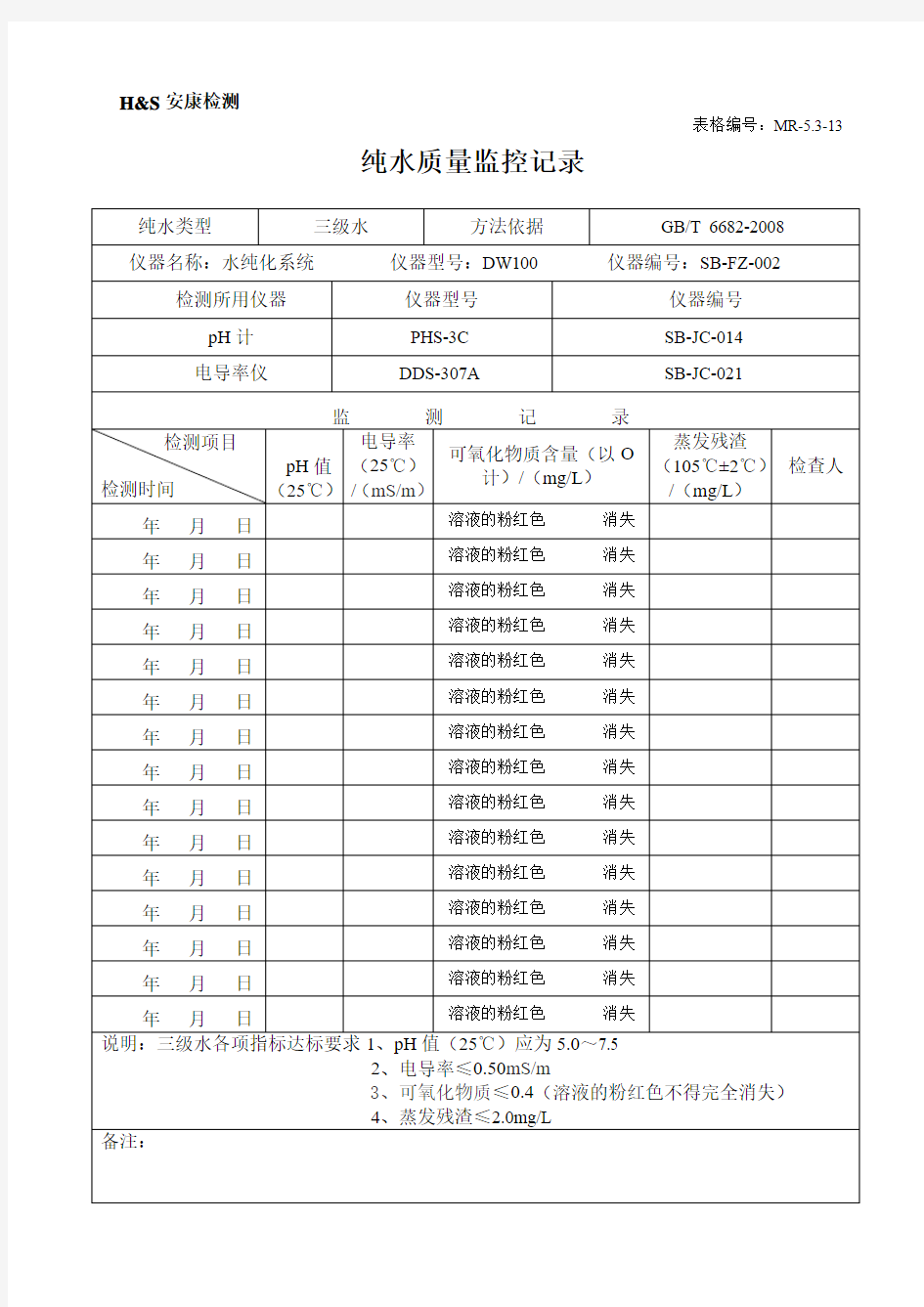 MR-5.3-13纯水质量监控检查记录(2014.8.4起用)(3)