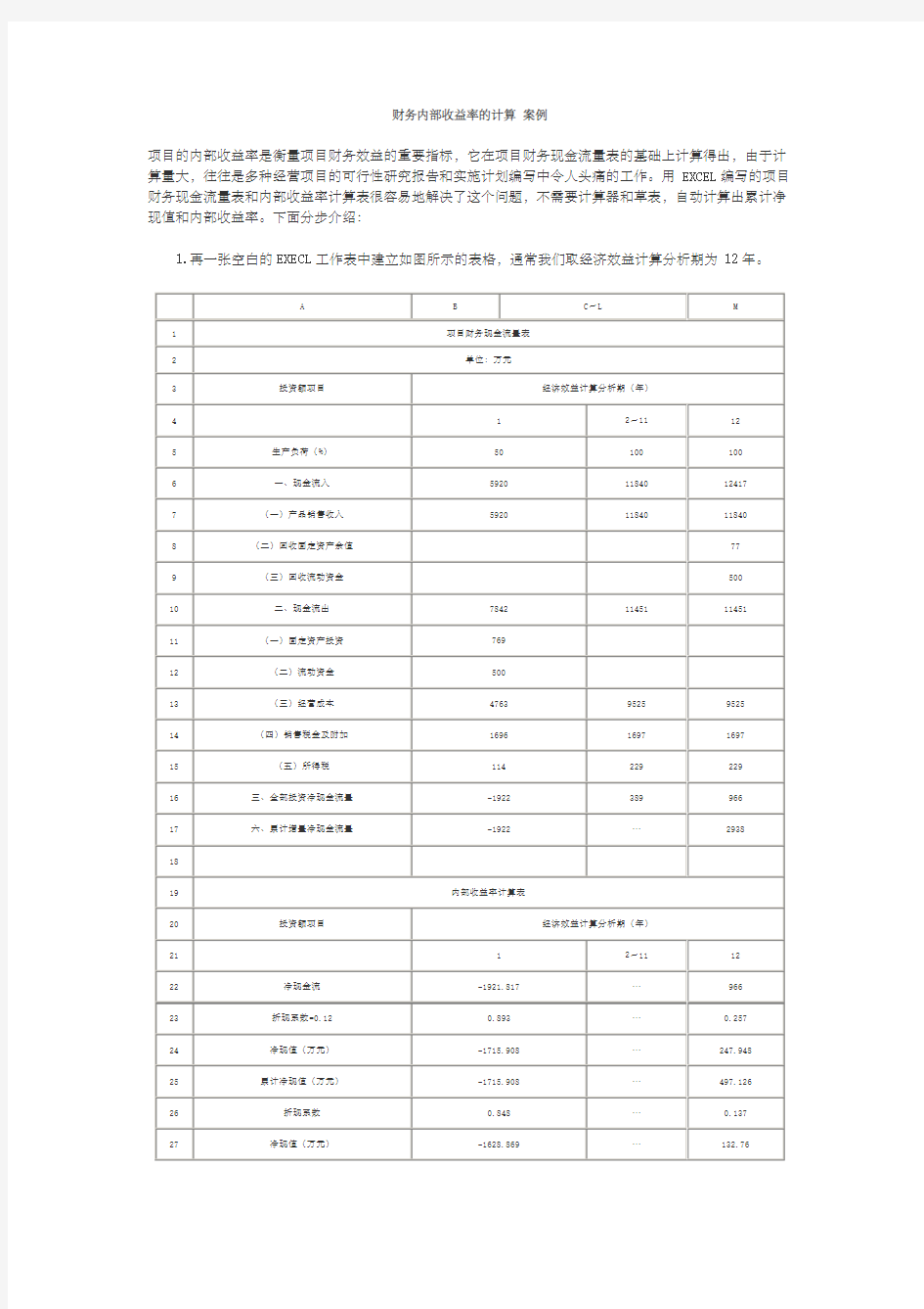 财务内部收益率的计算 案例