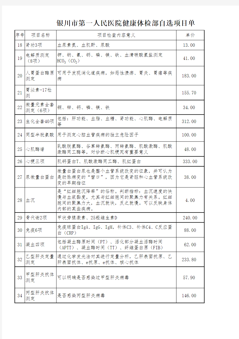银川体检项目及收费单