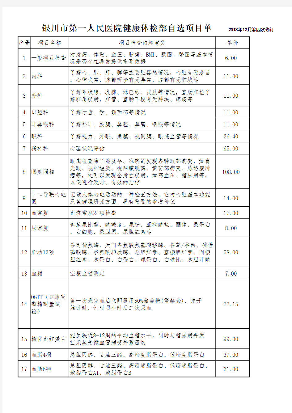 银川体检项目及收费单